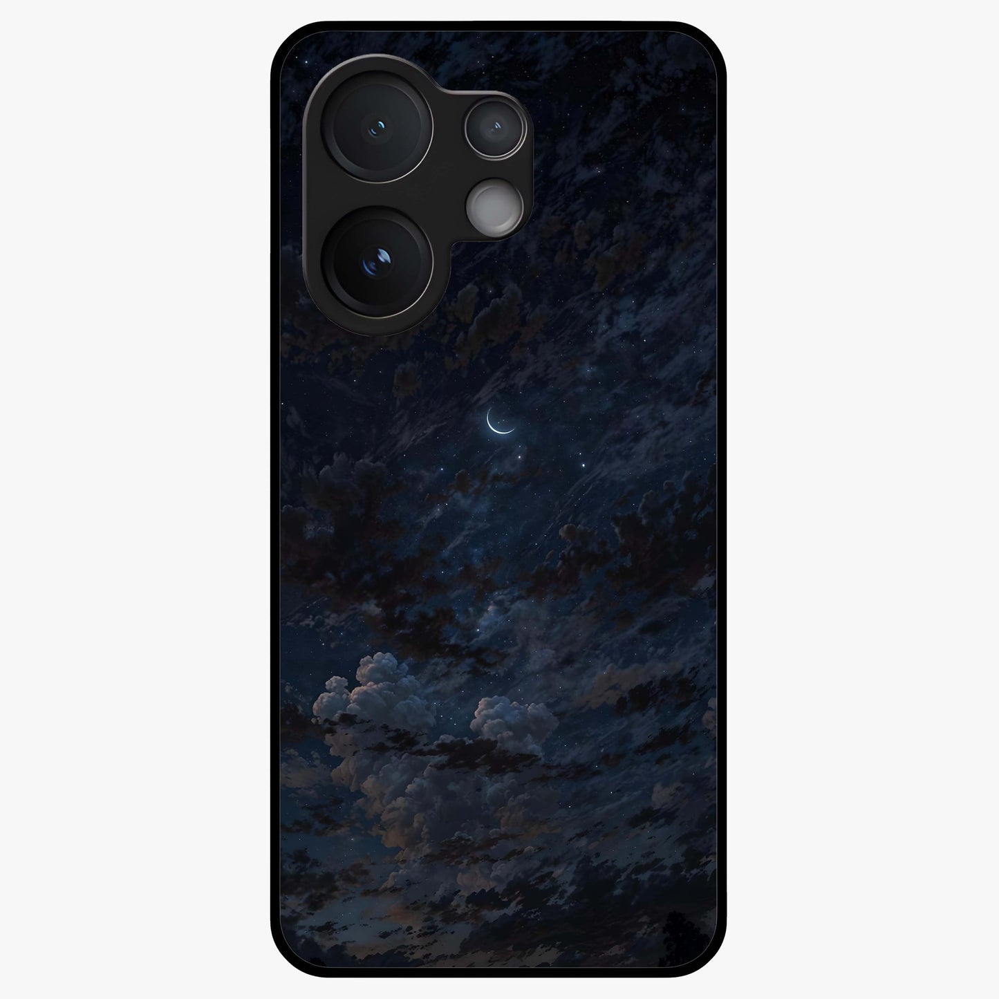 Lunar Veil Silence Glass Case showing flat back view with mystical moon veil artwork and glossy glass finish.