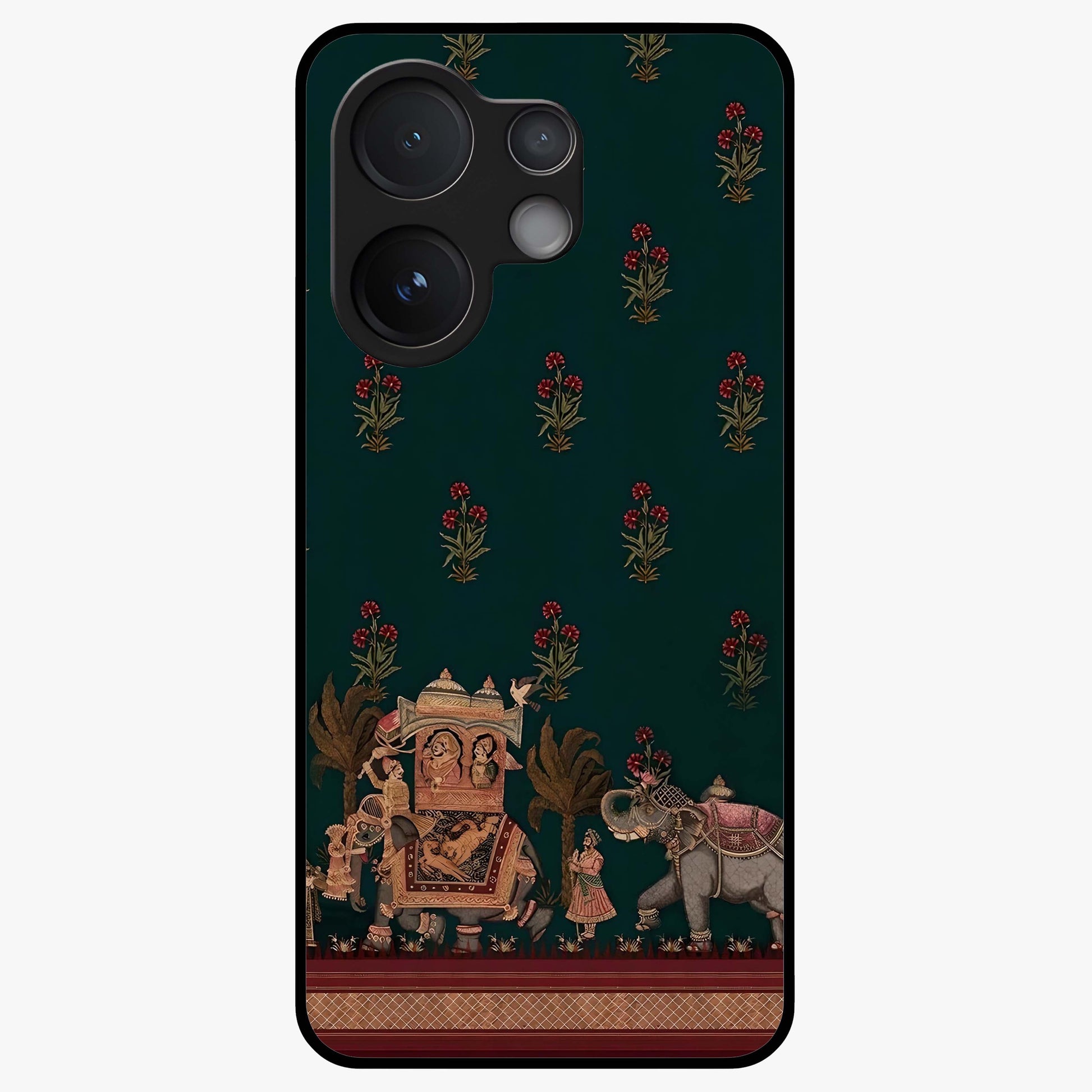 Macmerise Glass Case showing flat back view with stylish modern artwork and glossy glass finish.