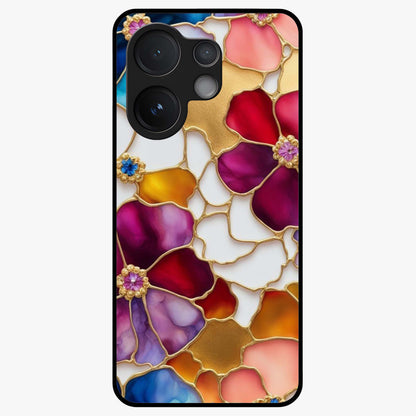 Marble Flower Pattern Glass Case showing flat back view with marble texture floral artwork and glossy glass finish.