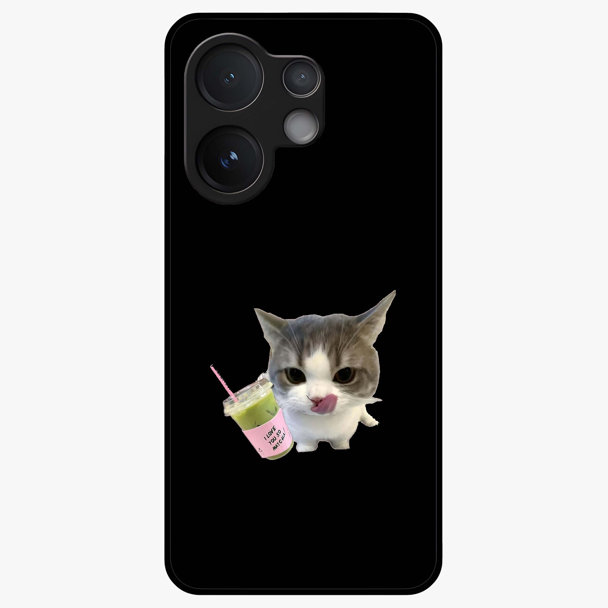 Matcha Cat Style Glass Case showing flat back view with cute matcha themed cat artwork and glossy glass finish.