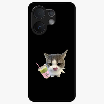 Matcha Cat Style Glass Case showing flat back view with cute matcha themed cat artwork and glossy glass finish.