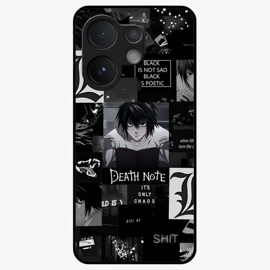 Midnight Chaos Mind Glass Case showing flat back view with abstract dark themed artwork and glossy glass finish.
