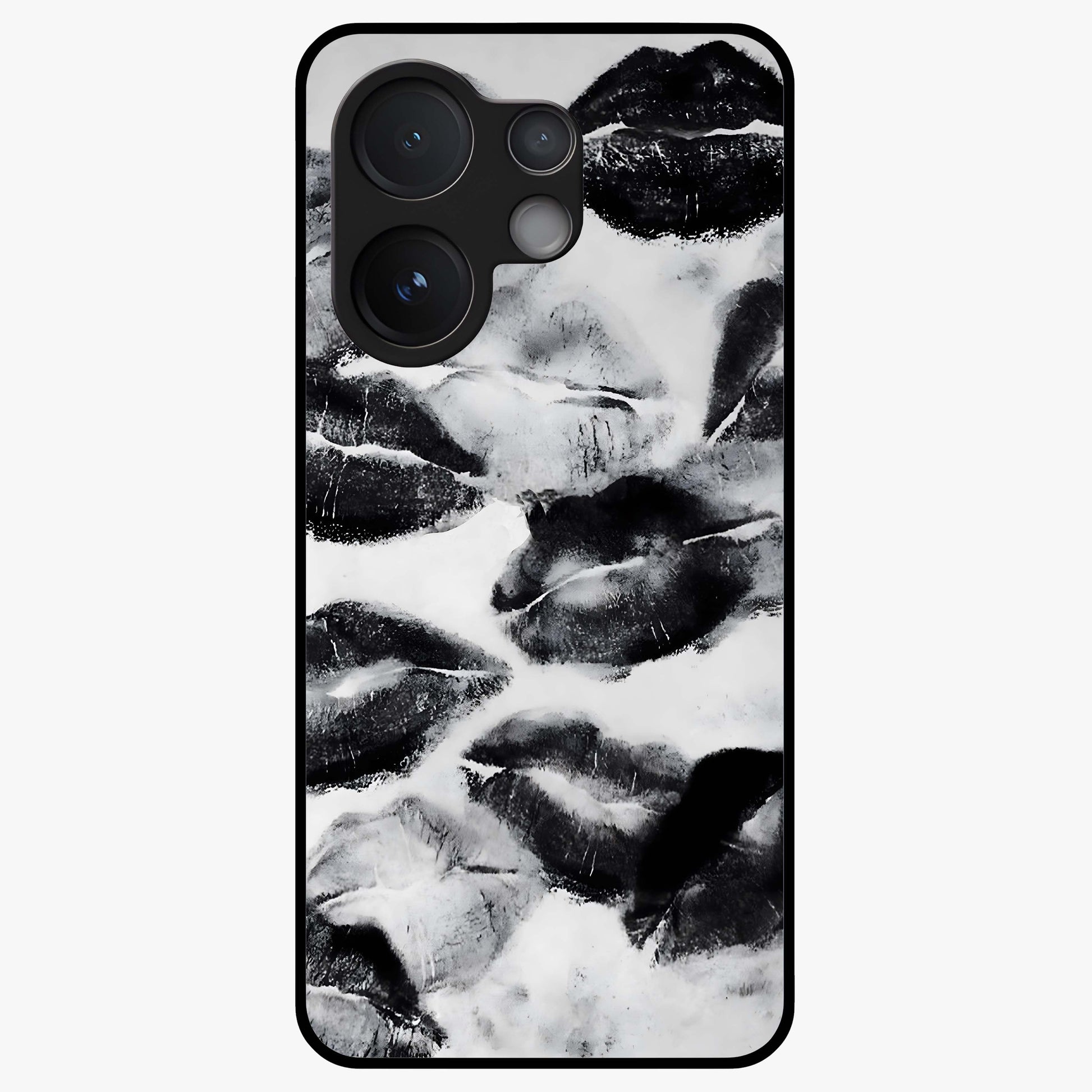 Midnight Kiss Marks Glass Case showing flat back view with lipstick kiss mark artwork and glossy glass finish.