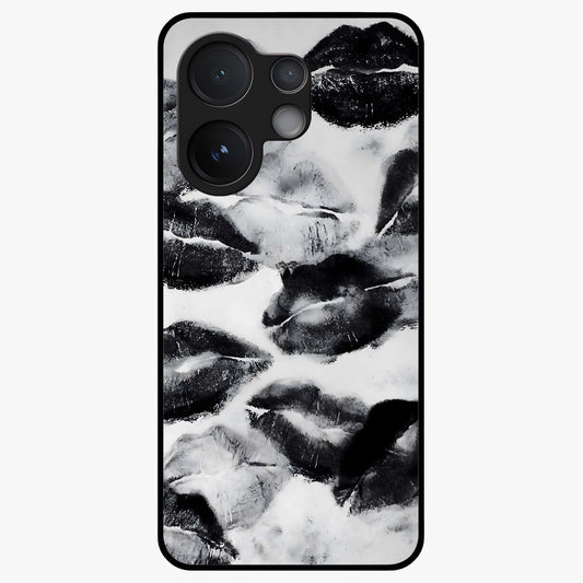 Midnight Kiss Marks Glass Case showing flat back view with lipstick kiss mark artwork and glossy glass finish.
