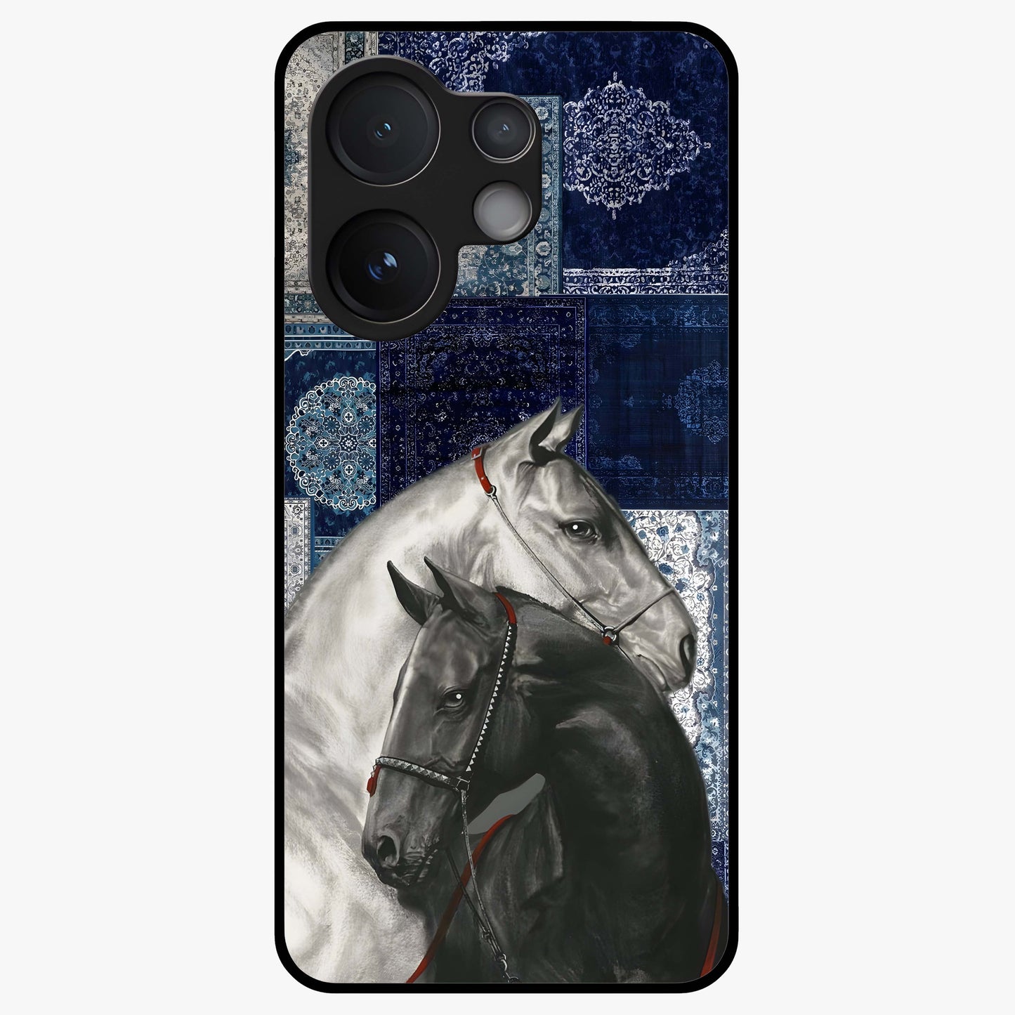 Midnight Stallion Blues Glass Case showing flat back view with majestic horse artwork and glossy glass finish.