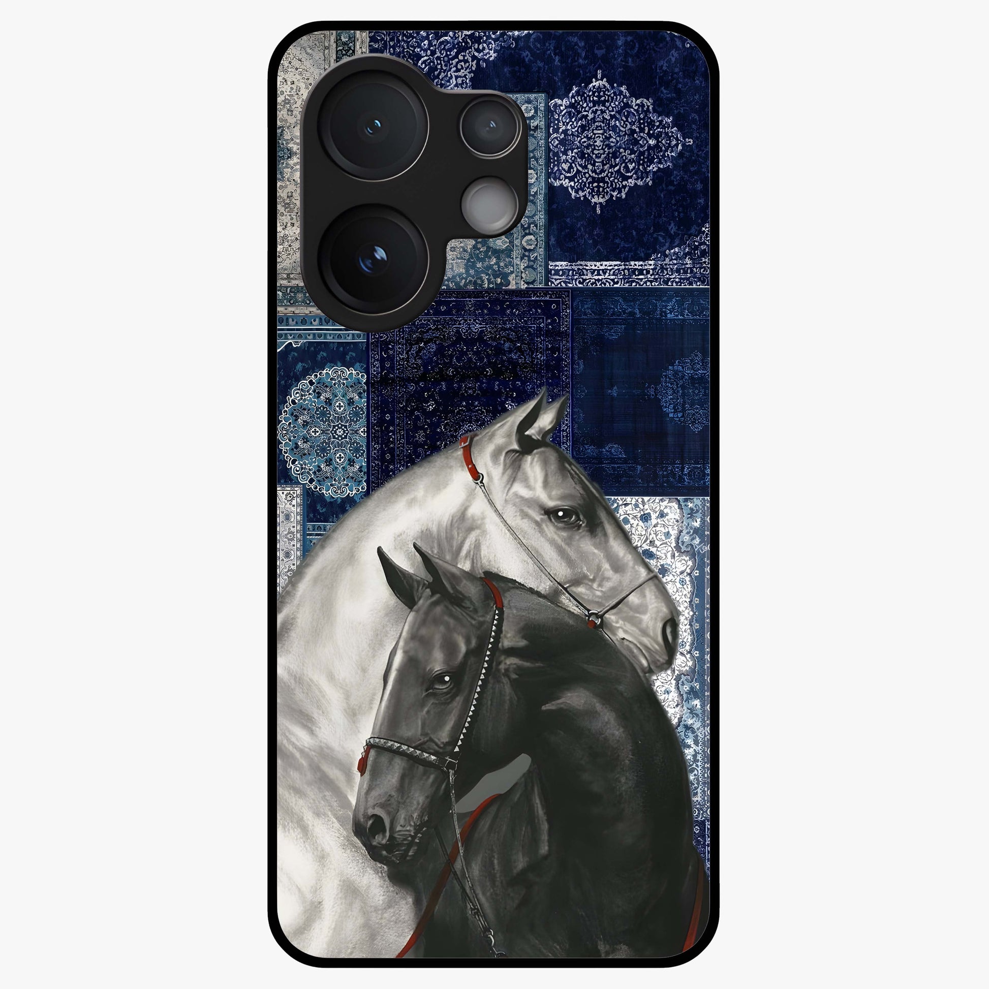 Midnight Stallion Blues Glass Case showing flat back view with majestic horse artwork and glossy glass finish.