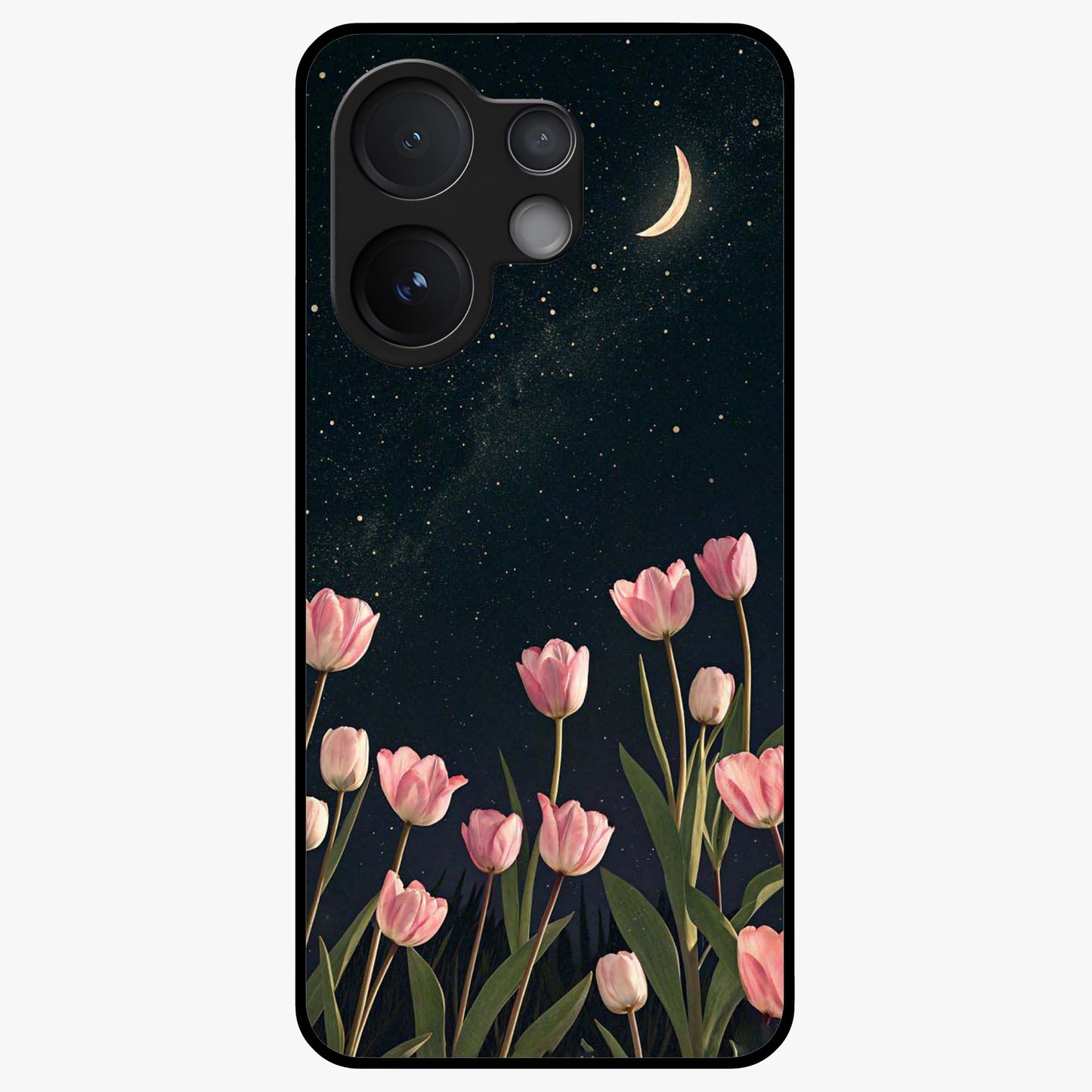 Midnight Tulip Whispers Vibe Glass Case showing flat back view with elegant tulip flower artwork and glossy glass finish.