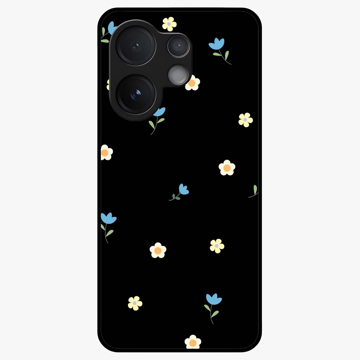 Minimalistic Blue With White Flower Pattern Glass Case showing flat back view with blue background and white flower pattern and glossy glass finish.