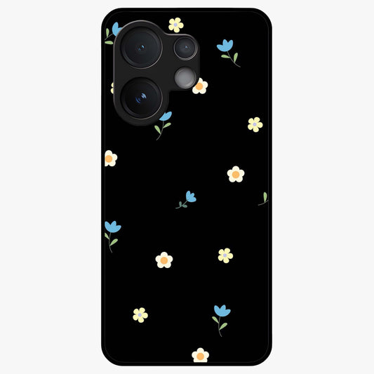 Minimalistic Blue With White Flower Pattern Glass Case showing flat back view with blue background and white flower pattern and glossy glass finish.