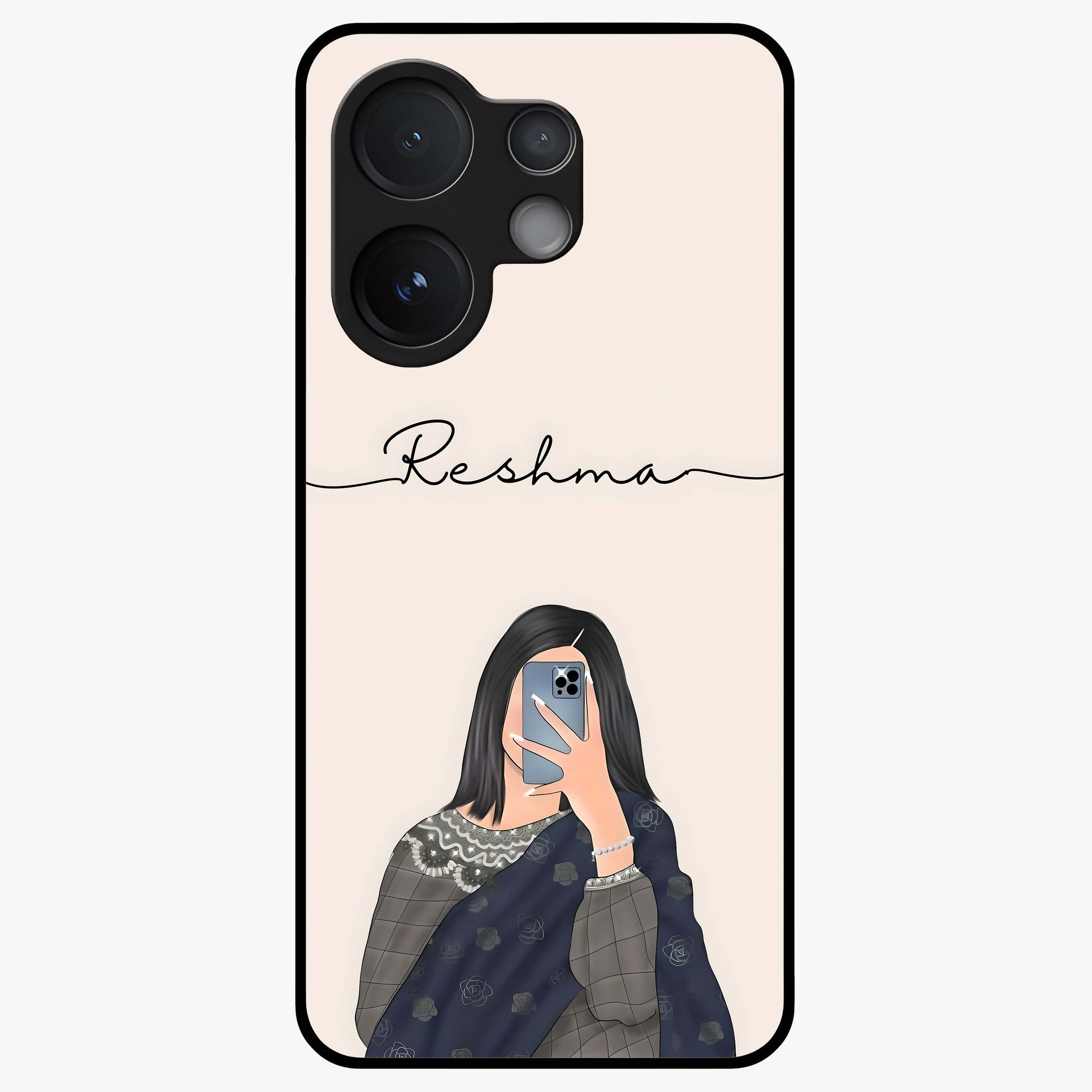 Mirror Mood Muse With Custom Name Glass Case showing flat back view with stylish mirrored artwork and personalized name design.