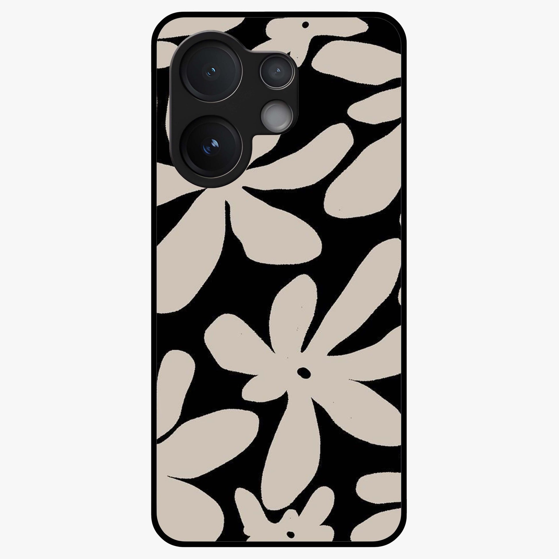 Monochrome Petal Dance Glass Case showing flat back view with monochrome floral artwork and glossy glass finish.