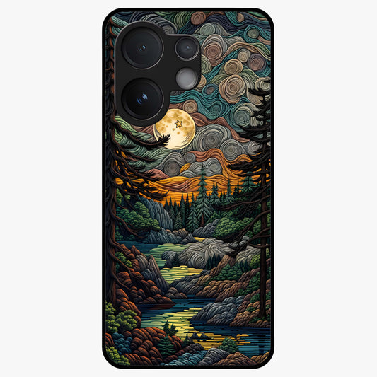 Moonlight Forest Dream Glass Case showing flat back view with mystical forest moonlight artwork and glossy glass finish.