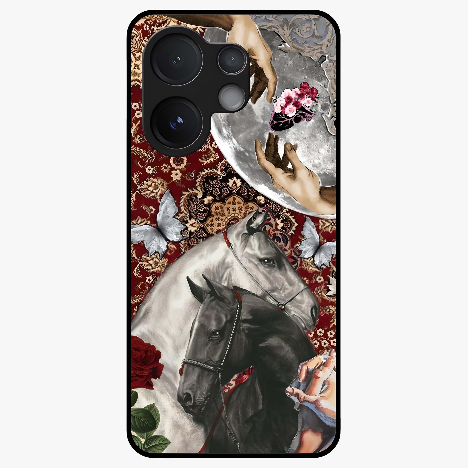 Moonlit Royal Stallion Glass Case showing flat back view with majestic horse under moonlight artwork and glossy glass finish.