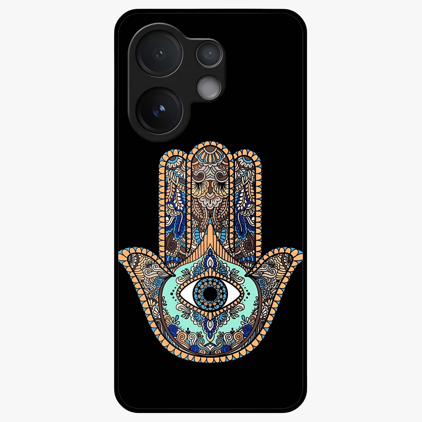 Mystic Hamsa Eye Glass Case showing flat back view with protective hamsa hand and evil eye artwork and glossy glass finish.