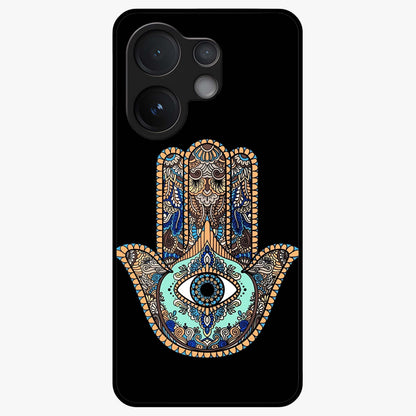 Mystic Hamsa Eye Glass Case showing flat back view with protective hamsa hand and evil eye artwork and glossy glass finish.