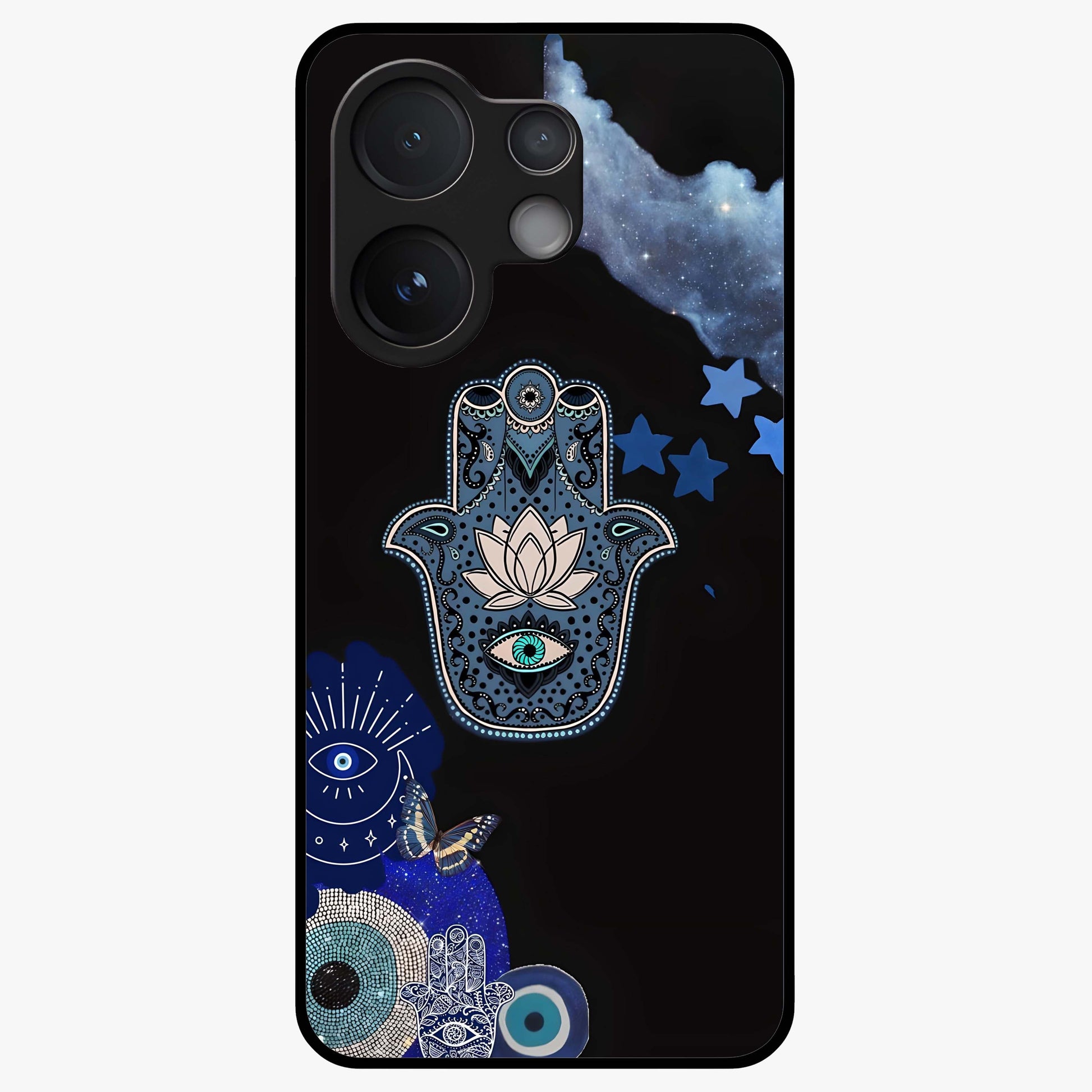 Mystic Hand Aura Glass Case showing flat back view with mystical hand symbol artwork and glossy glass finish.