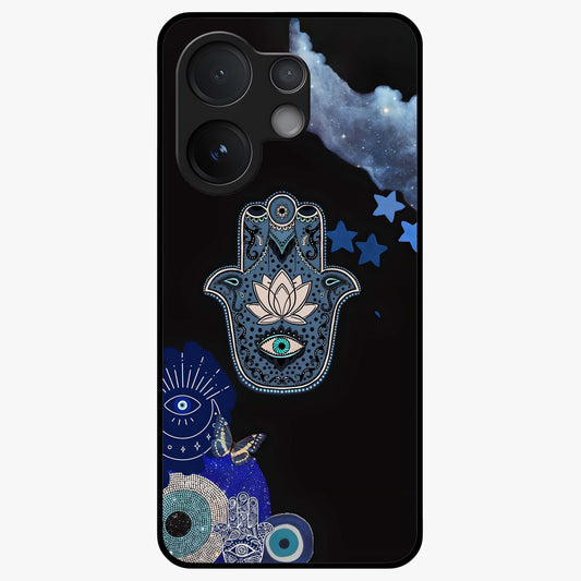 Mystic Hand Aura Glass Case showing flat back view with mystical hand symbol artwork and glossy glass finish.
