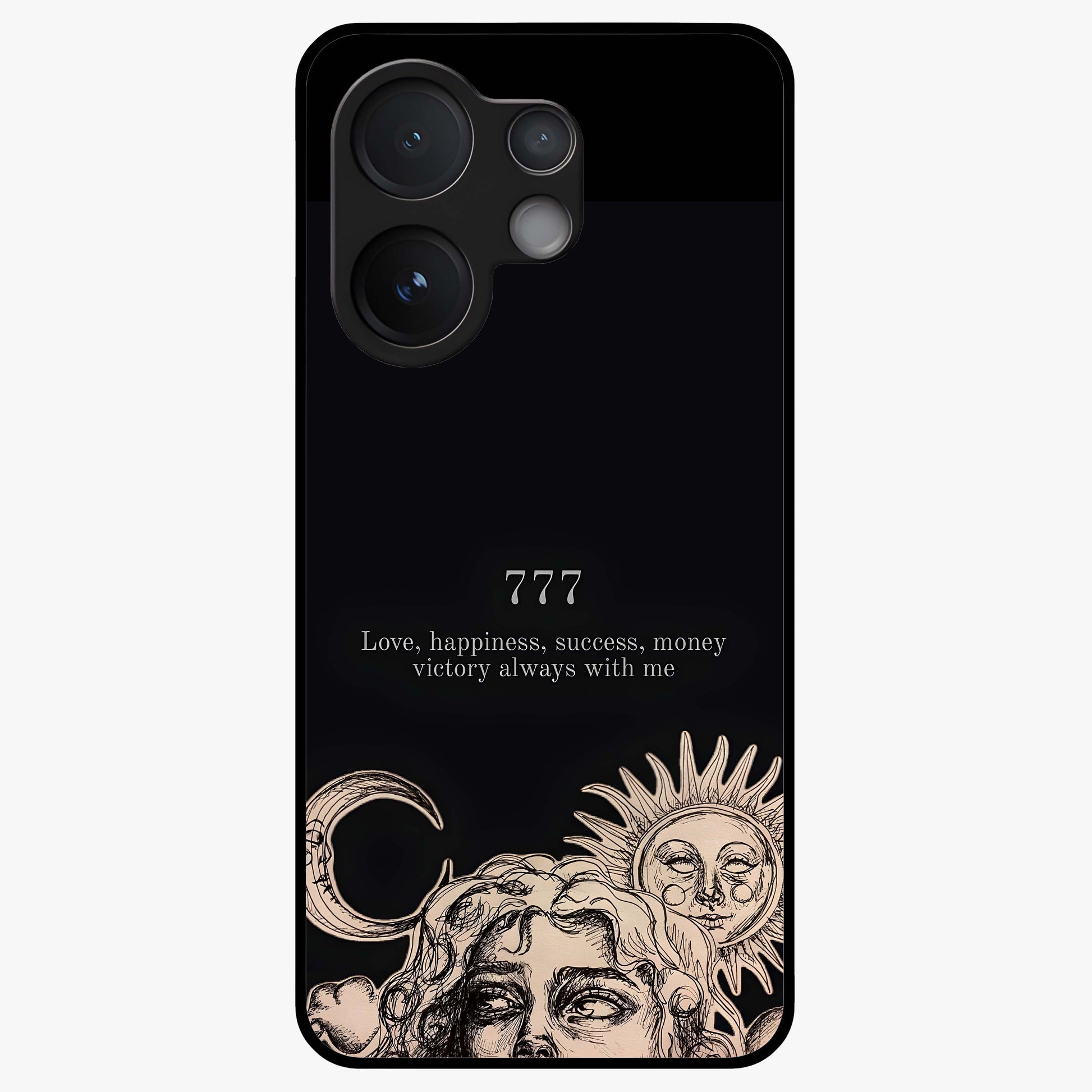 Mystic Victory Aura Glass Case showing flat back view with victory symbol artwork and glossy glass finish.
