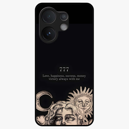 Mystic Victory Aura Glass Case showing flat back view with victory symbol artwork and glossy glass finish.
