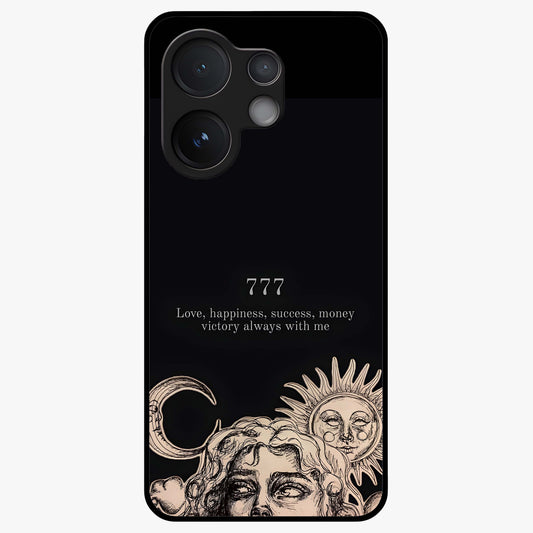 Mystic Victory Aura Glass Case showing flat back view with victory symbol artwork and glossy glass finish.