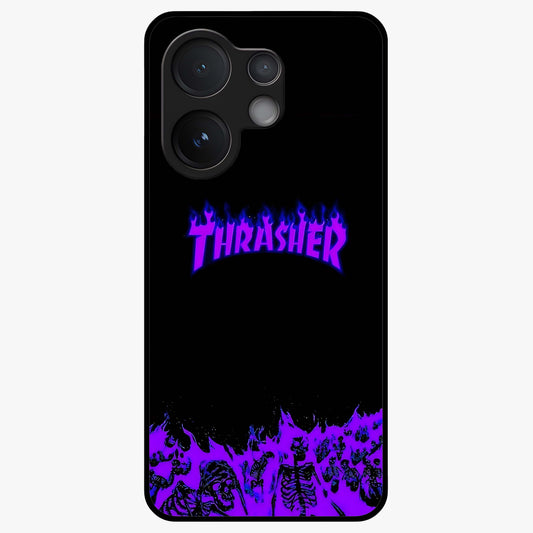 Neon Flame Riot Glass Case showing flat back view with neon flame artwork and glossy glass finish.
