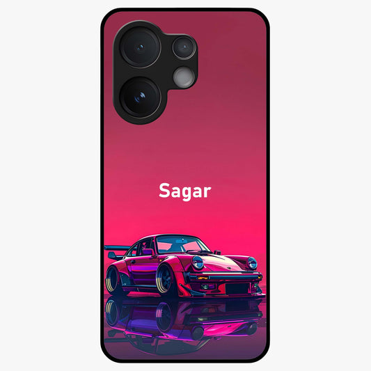 Neon Pink Porsche Glass Case showing flat back view with stylish sports car artwork and glossy glass finish.