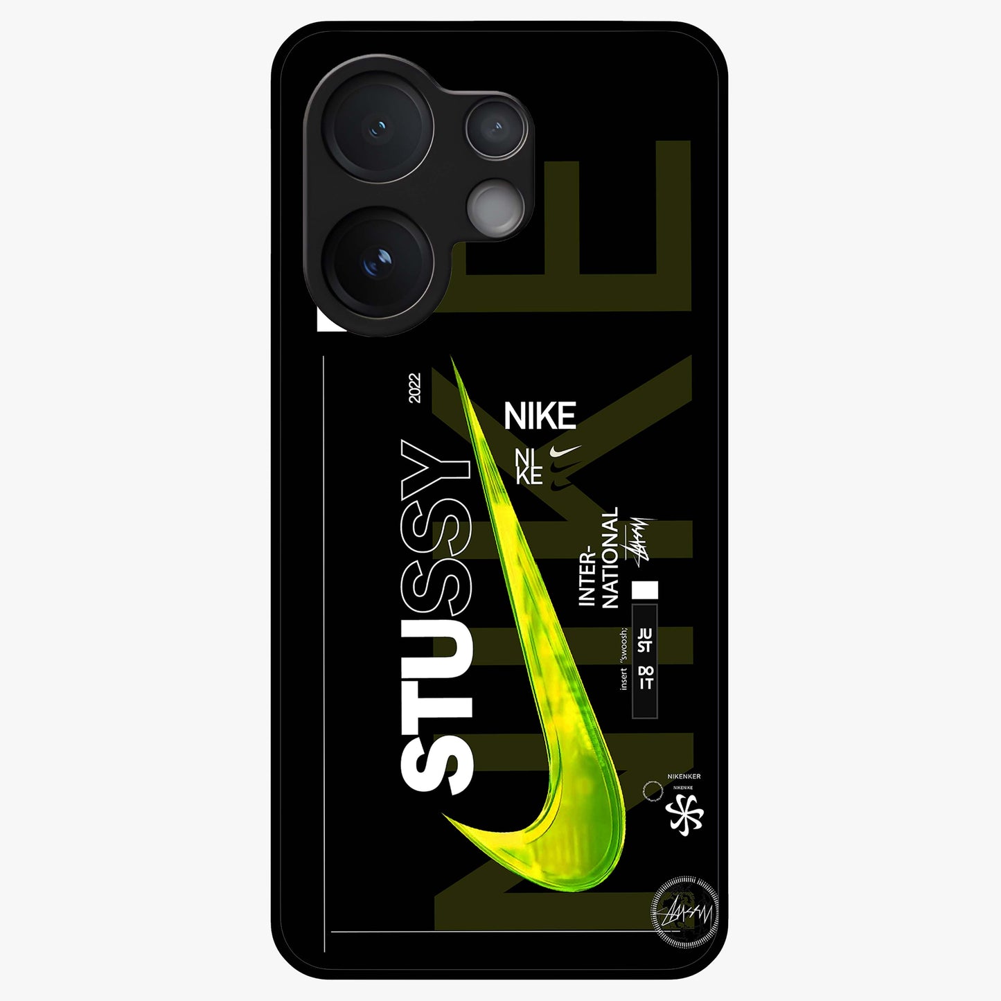 Neon Street Edition Glass Case showing flat back view with neon street style artwork and glossy glass finish.