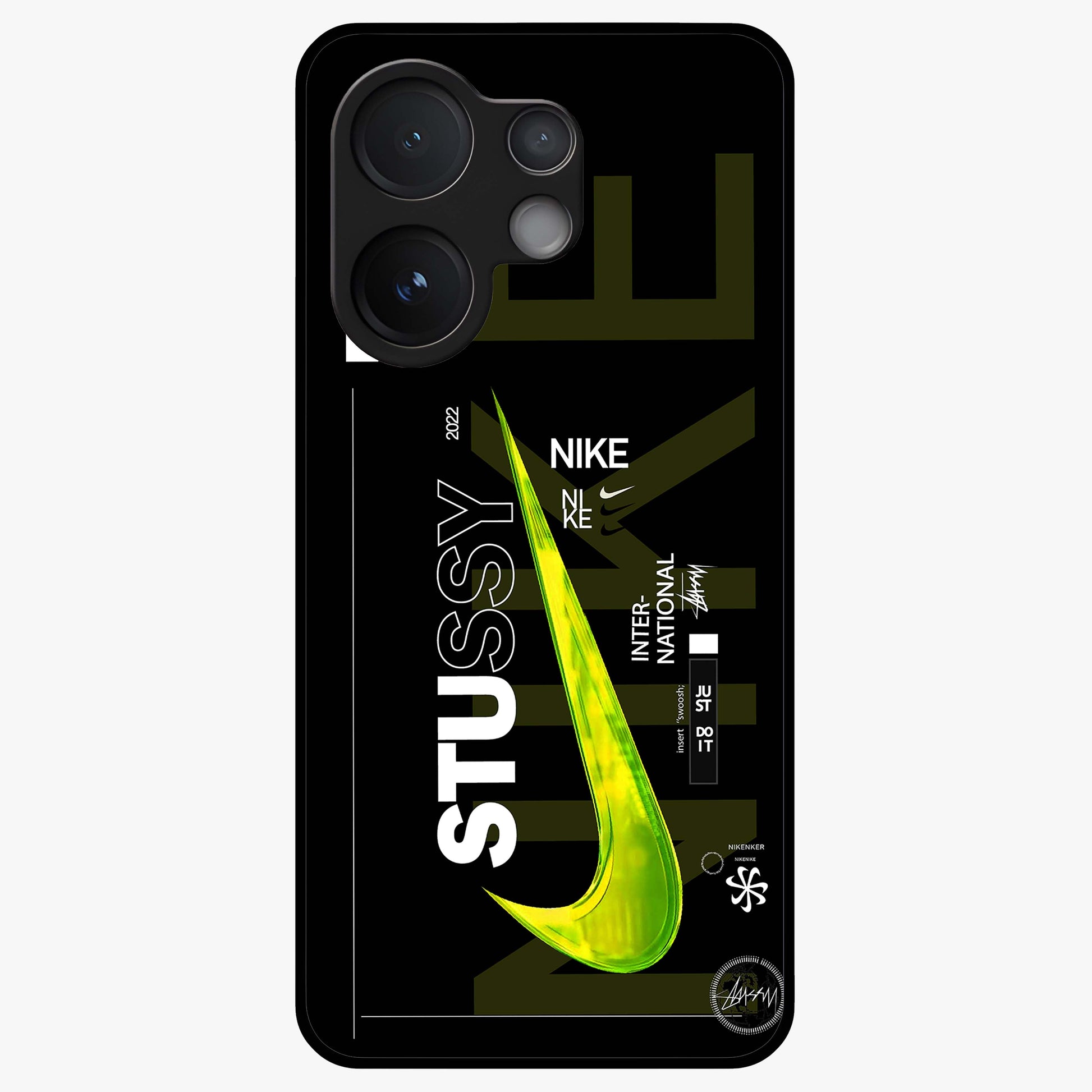 Neon Street Edition Glass Case showing flat back view with neon street style artwork and glossy glass finish.