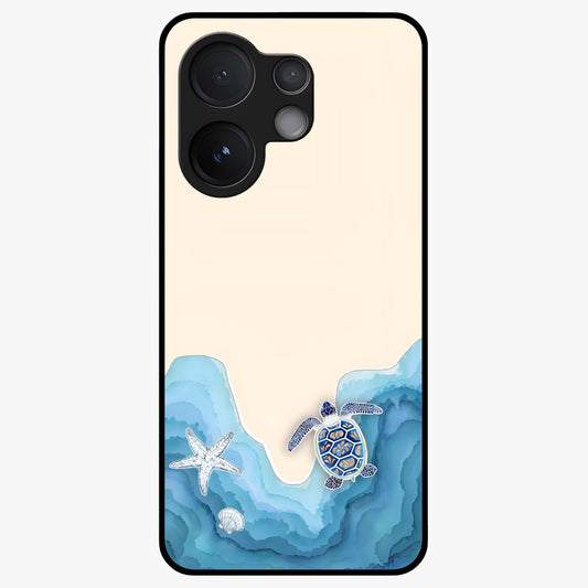 Ocean Drift Turtle Glass Case showing flat back view with sea turtle artwork and glossy glass finish.