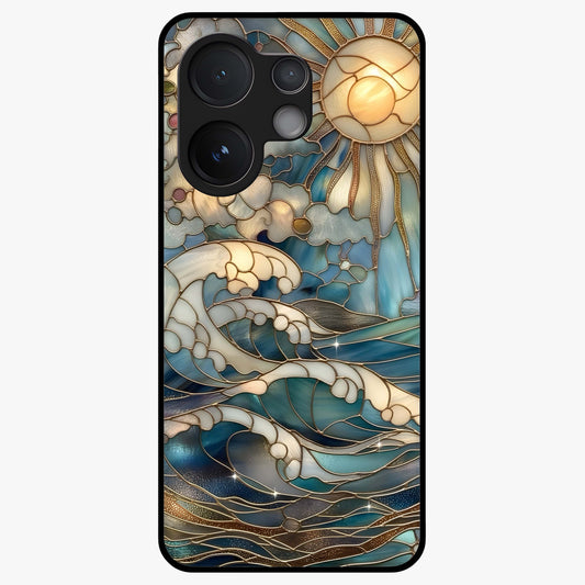 Oceanic Stained Printed Glass Case showing flat back view with ocean inspired stained pattern artwork and glossy glass finish.