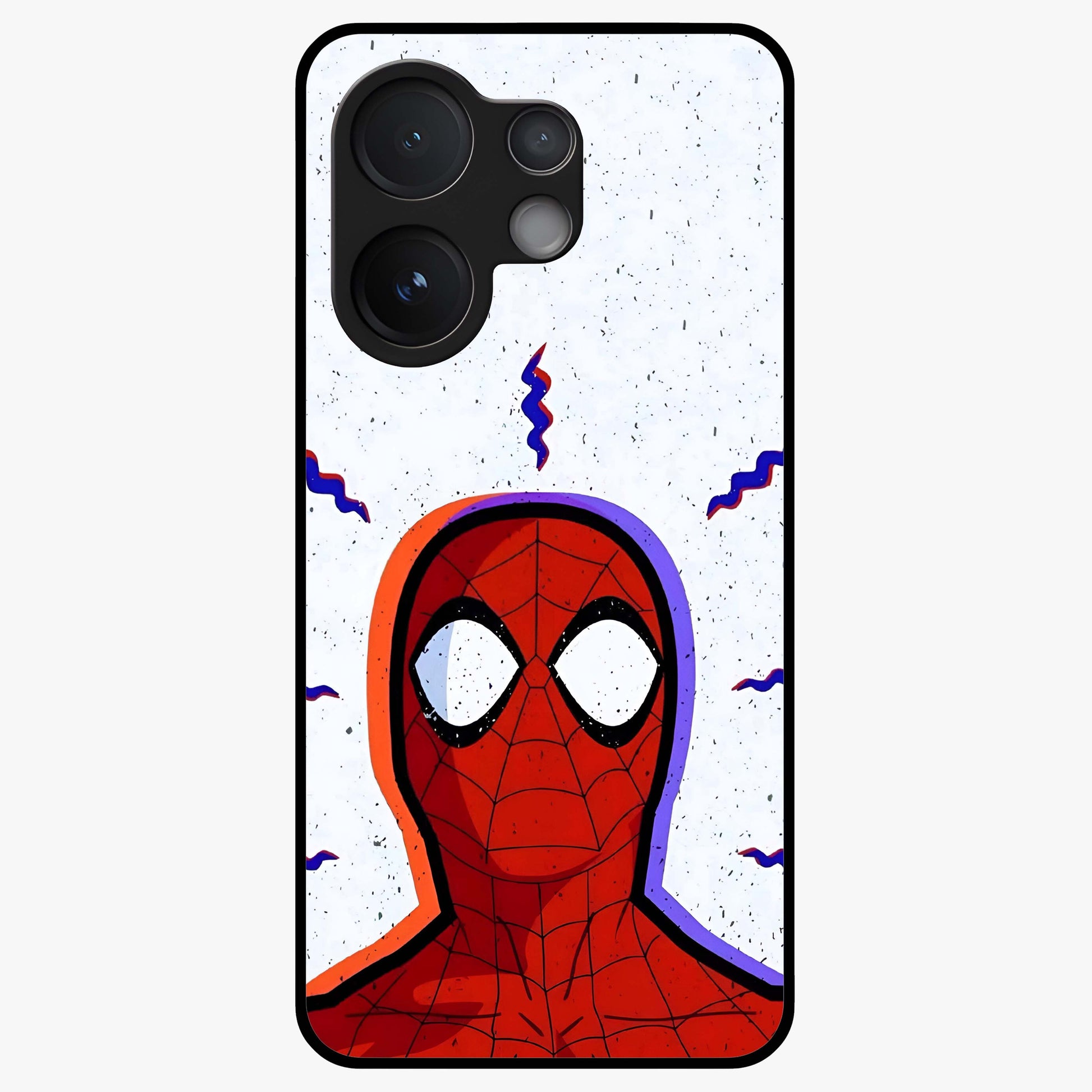 Omg Spiderman Glass Case showing flat back view with bold superhero inspired artwork and glossy glass finish.