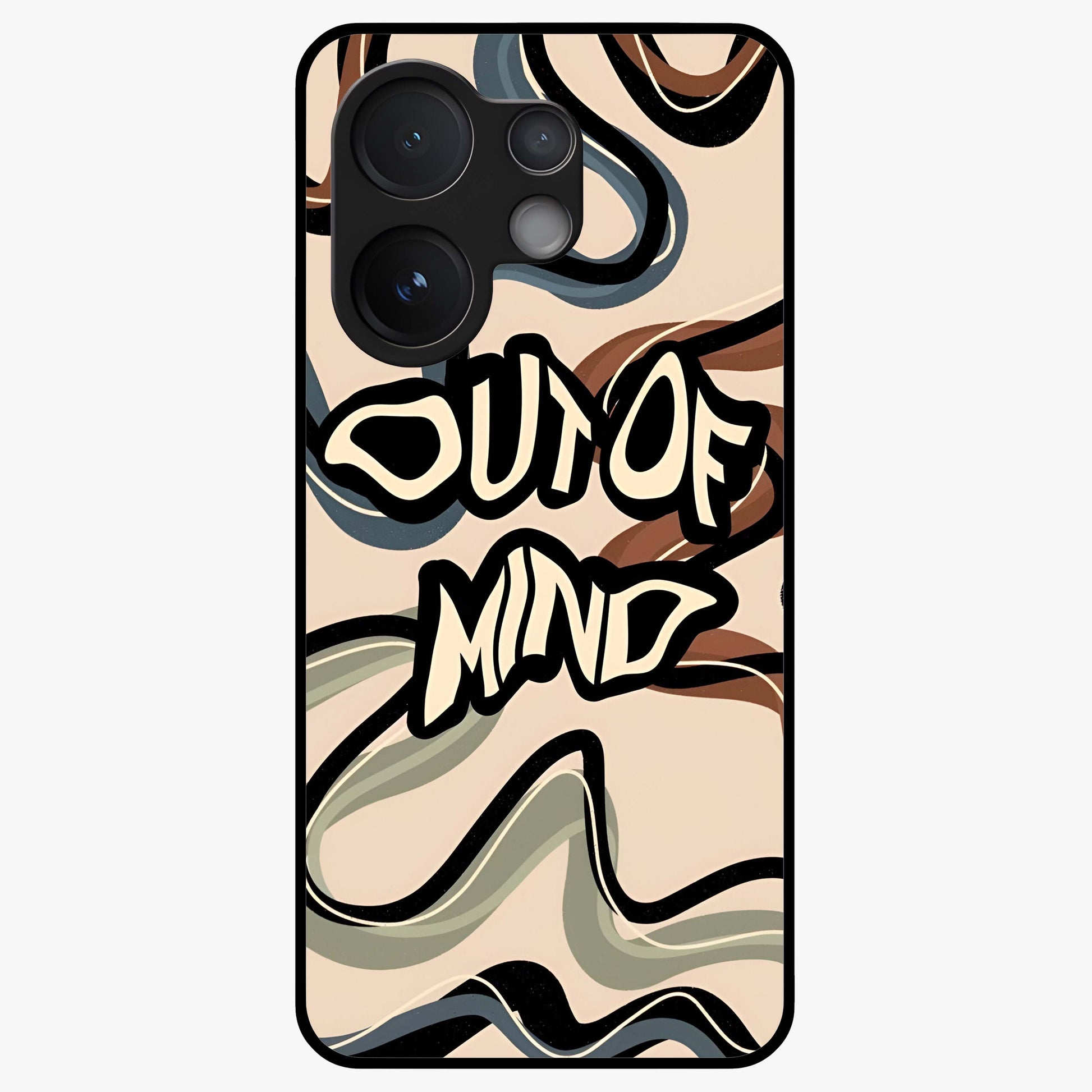 Out Of Mind Glass Case showing flat back view with expressive typography artwork and glossy glass finish.