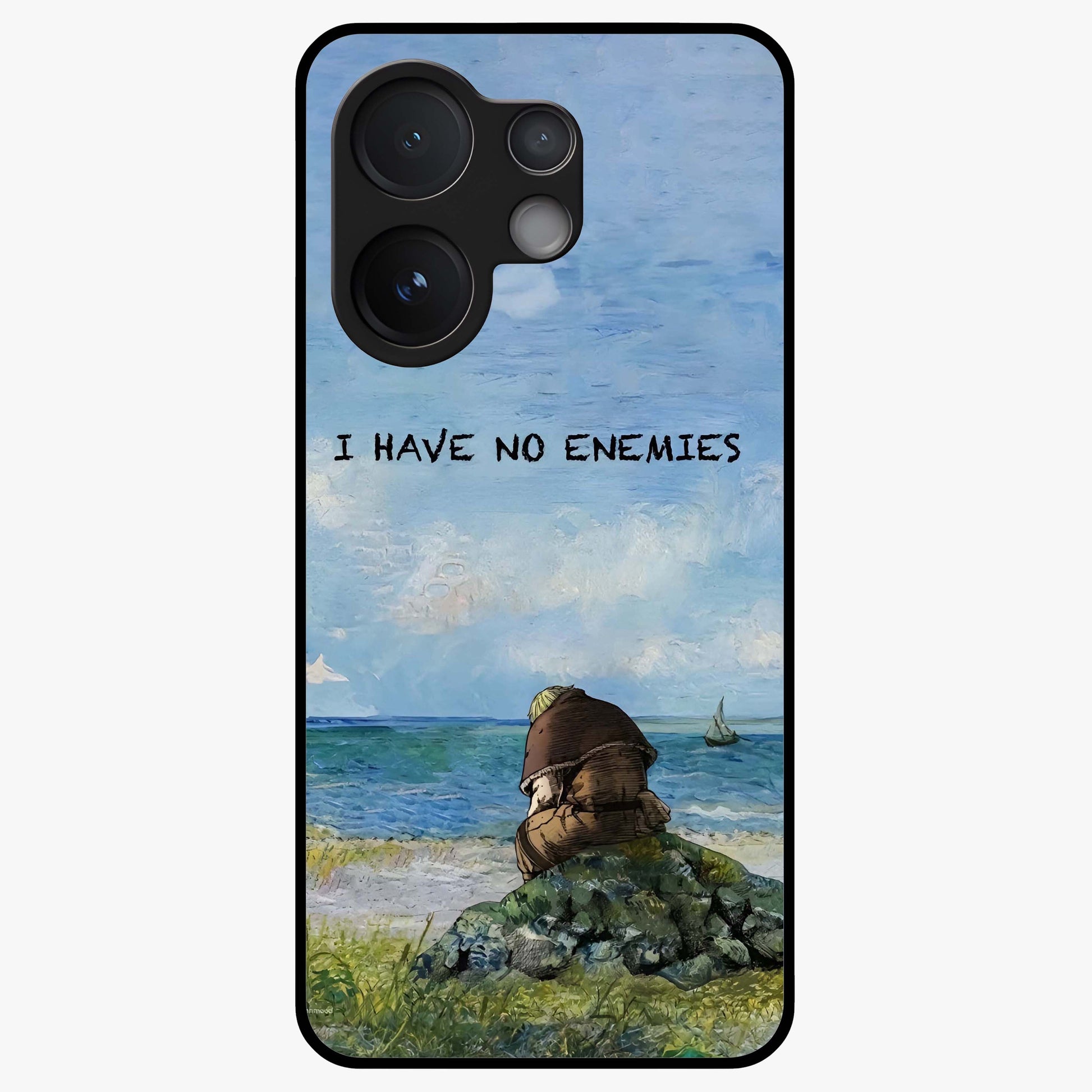 Peace Beyond War Glass Case showing flat back view with symbolic peace themed artwork and glossy glass finish.