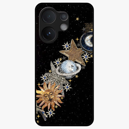 Pearls Universe Object Glass Case showing flat back view with pearl inspired cosmic artwork and glossy glass finish.