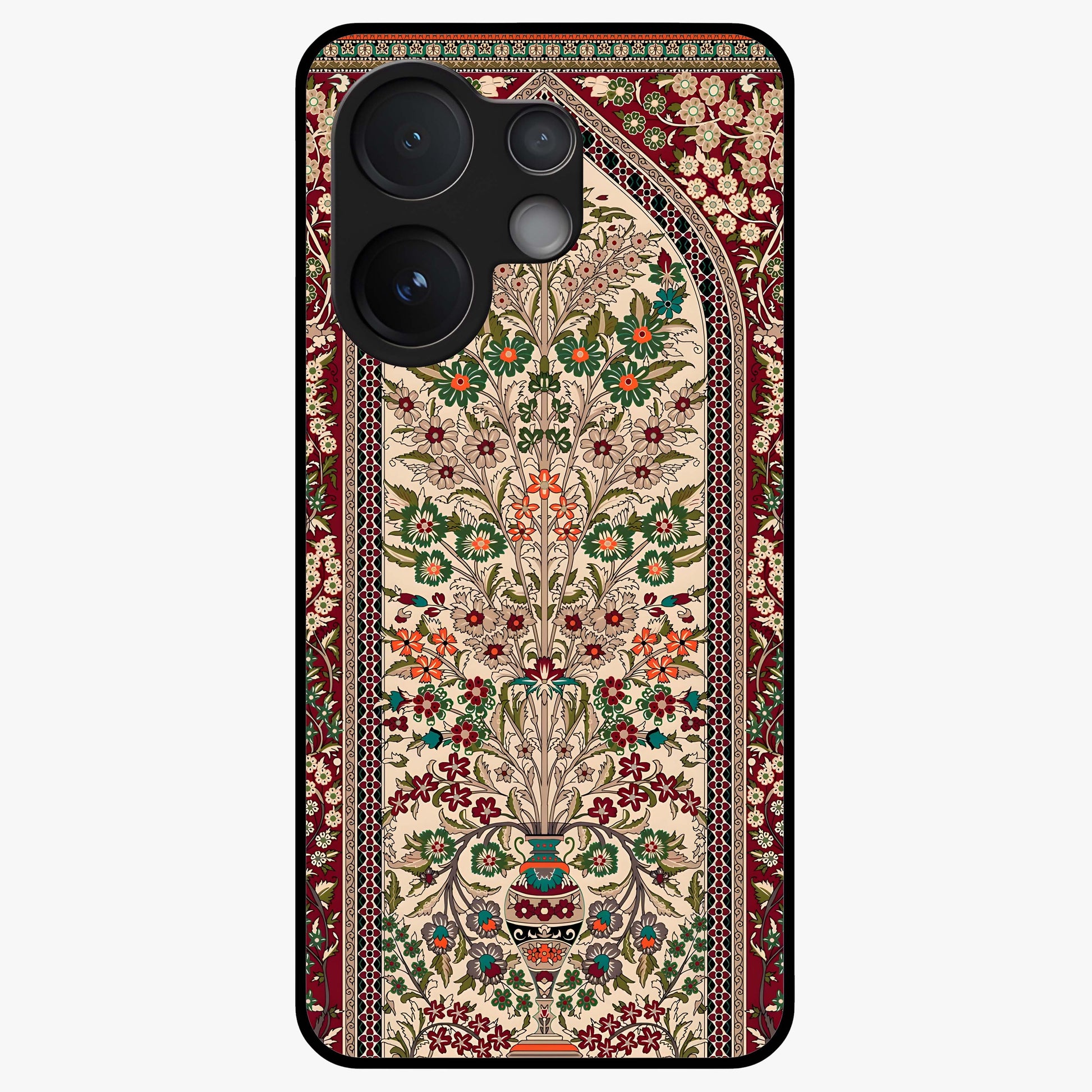 Persian Inspired Glass Case showing flat back view with ornate Persian style pattern artwork and glossy glass finish.