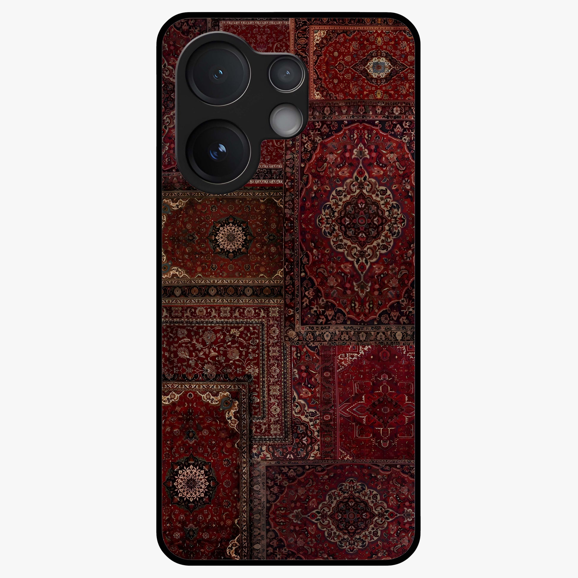 Persian Velvet Tale Glass Case showing flat back view with luxurious Persian velvet pattern artwork and glossy glass finish.