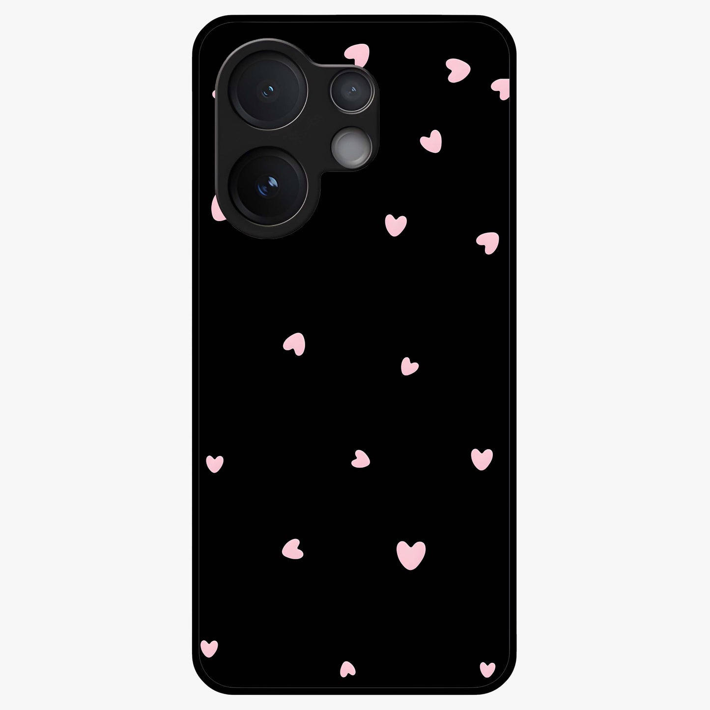 Pink Love Drops Glass Case showing flat back view with playful pink heart drops artwork and glossy glass finish.