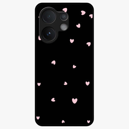 Pink Love Drops Glass Case showing flat back view with playful pink heart drops artwork and glossy glass finish.