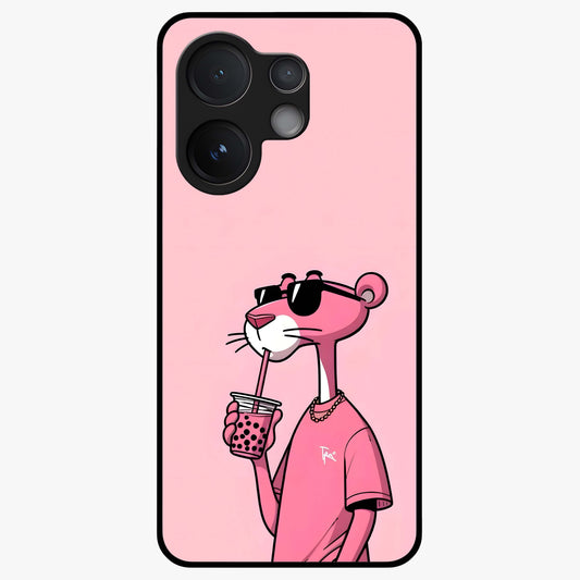Pink Panther Glass Case showing flat back view with iconic pink panther artwork and glossy glass finish.