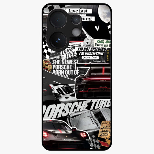 Porsche Racing Collage Glass Case showing flat back view with sports car racing collage artwork and glossy glass finish.