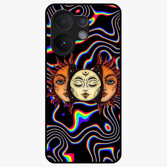 Psychedelic Sun Glass Case showing flat back view with colorful psychedelic sun artwork and glossy glass finish.