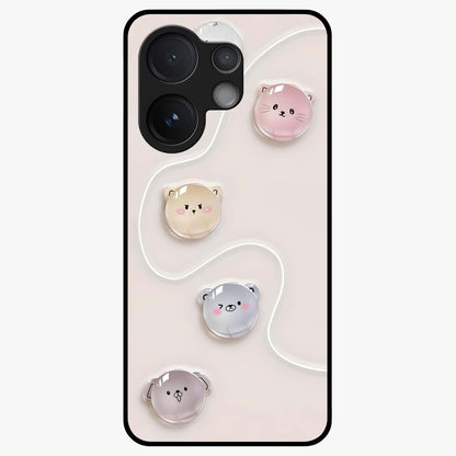 Puffy Face Parade Glass Case showing flat back view with cute puffy character faces artwork and glossy glass finish.