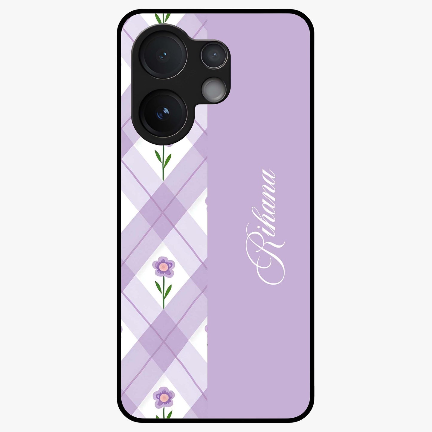 Purple Diamond Floral Glass Case showing flat back view with diamond shaped floral artwork and glossy glass finish.