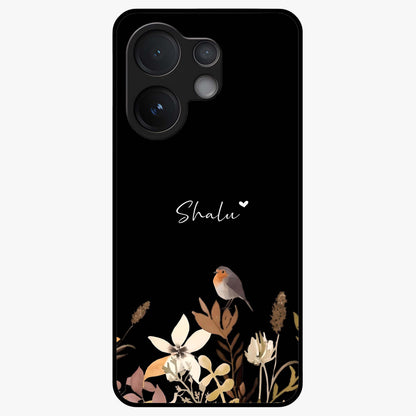 Quiet Garden Tune Custom Name Glass Case showing flat back view with peaceful garden artwork and personalized name design.