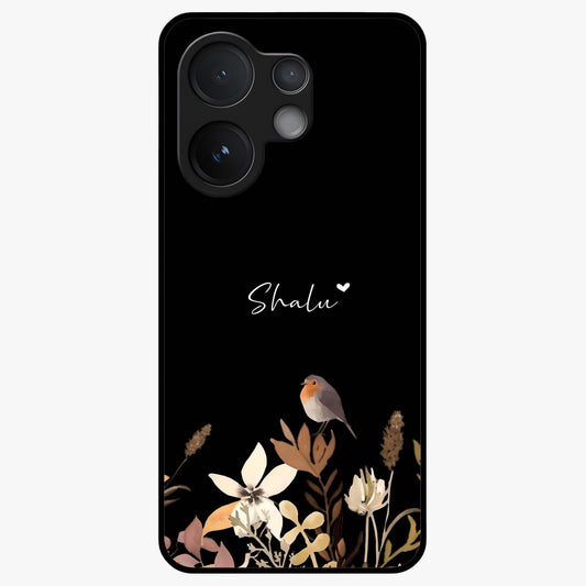 Quiet Garden Tune Custom Name Glass Case showing flat back view with peaceful garden artwork and personalized name design.