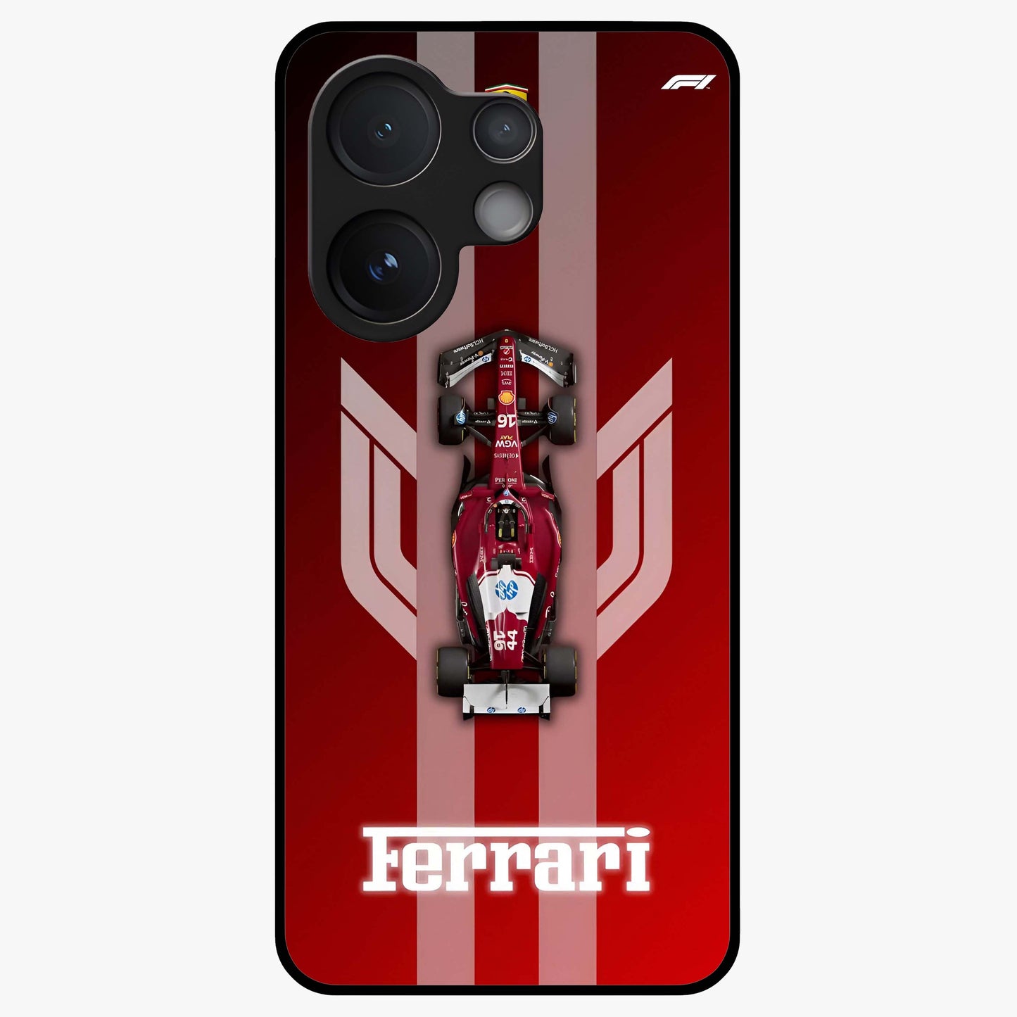 Red Ferrari F1 Vertical Glass Case showing flat back view with sleek Formula racing car artwork and glossy glass finish.