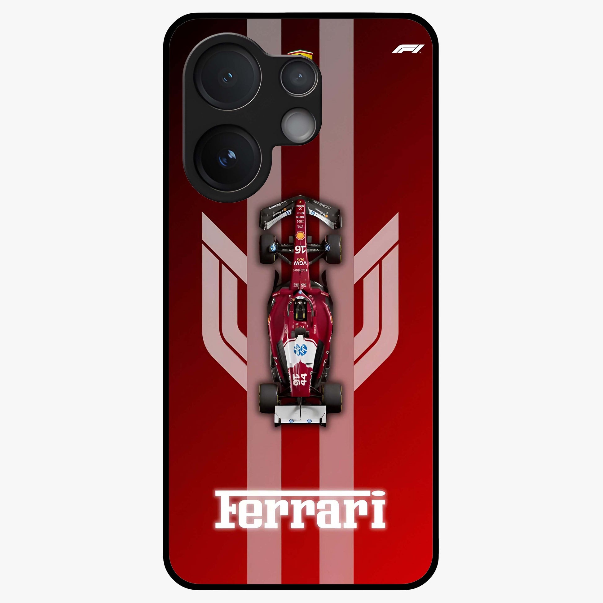 Red Ferrari F1 Vertical Glass Case showing flat back view with sleek Formula racing car artwork and glossy glass finish.