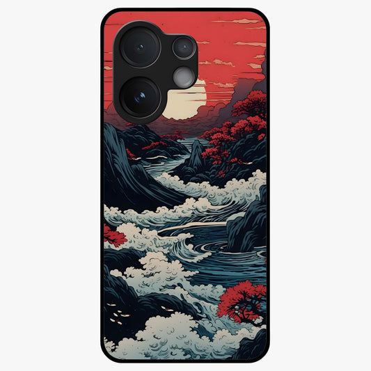 Red Sunset Scenery Glass Case showing flat back view with vibrant sunset landscape artwork and glossy glass finish.