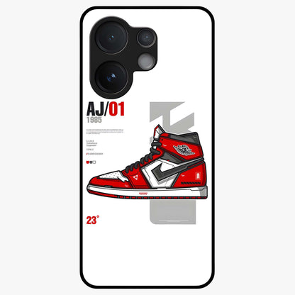 Retro Sneaker Blueprint Glass Case showing flat back view with sneaker blueprint style artwork and glossy glass finish.