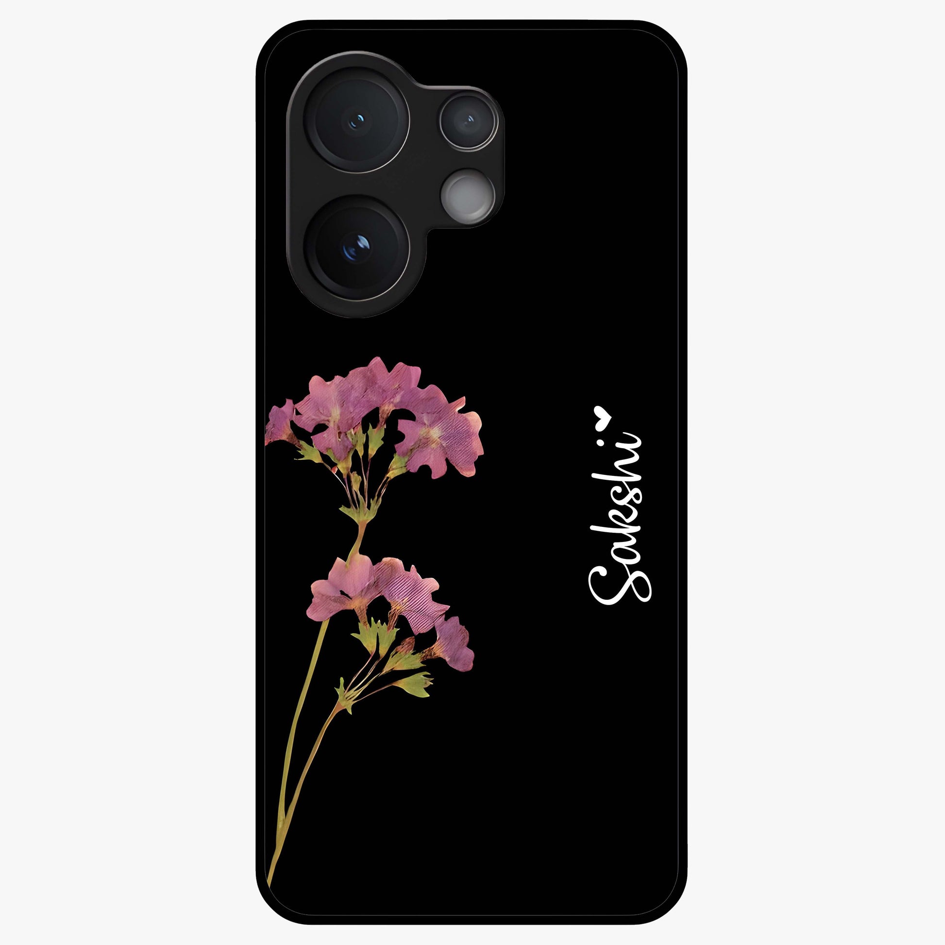 Riching Lavender Flower Custom Name Glass Case showing flat back view with lavender floral artwork and personalized name design.